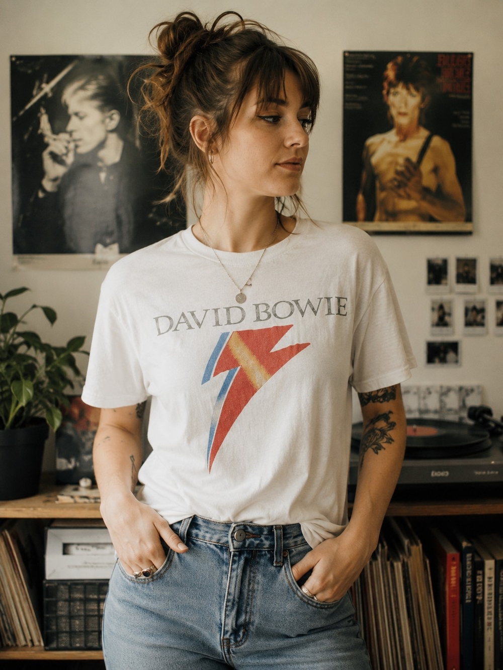 David Bowie White Lightning Bolt Graphic Tee Shirt XL Flaws Rock Band Graphic